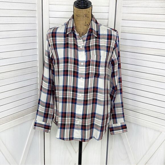 Levi’s Tartan Plaid Boyfriend Fit Button Front Shirt White Red XS - Picture 1 of 15